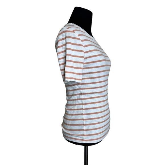 A New Day white brown stripes short sleeves knit top size Small - Picture 8 of 8
